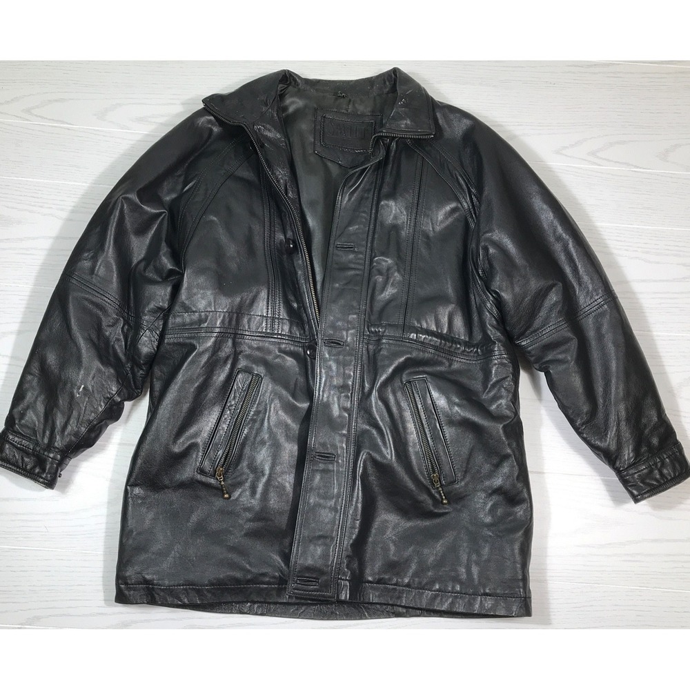 Vintage 80s Mens Leather Jacket Men L Black Smile by Leo Boy Zip Up Button Lined